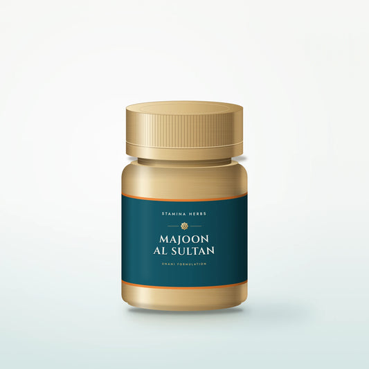 Majoon Al Sultan jar with gold cap and teal Stamina Herbs label, front view
