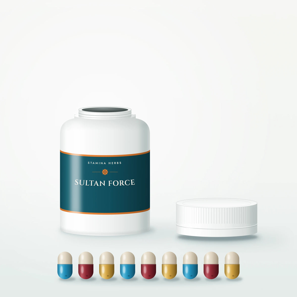 Open Sultan Force bottle beside its cap, with blue, red and gold capsules in a row