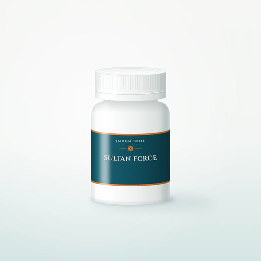 Sultan Force bottle with teal Stamina Herbs label and white screw cap, front view