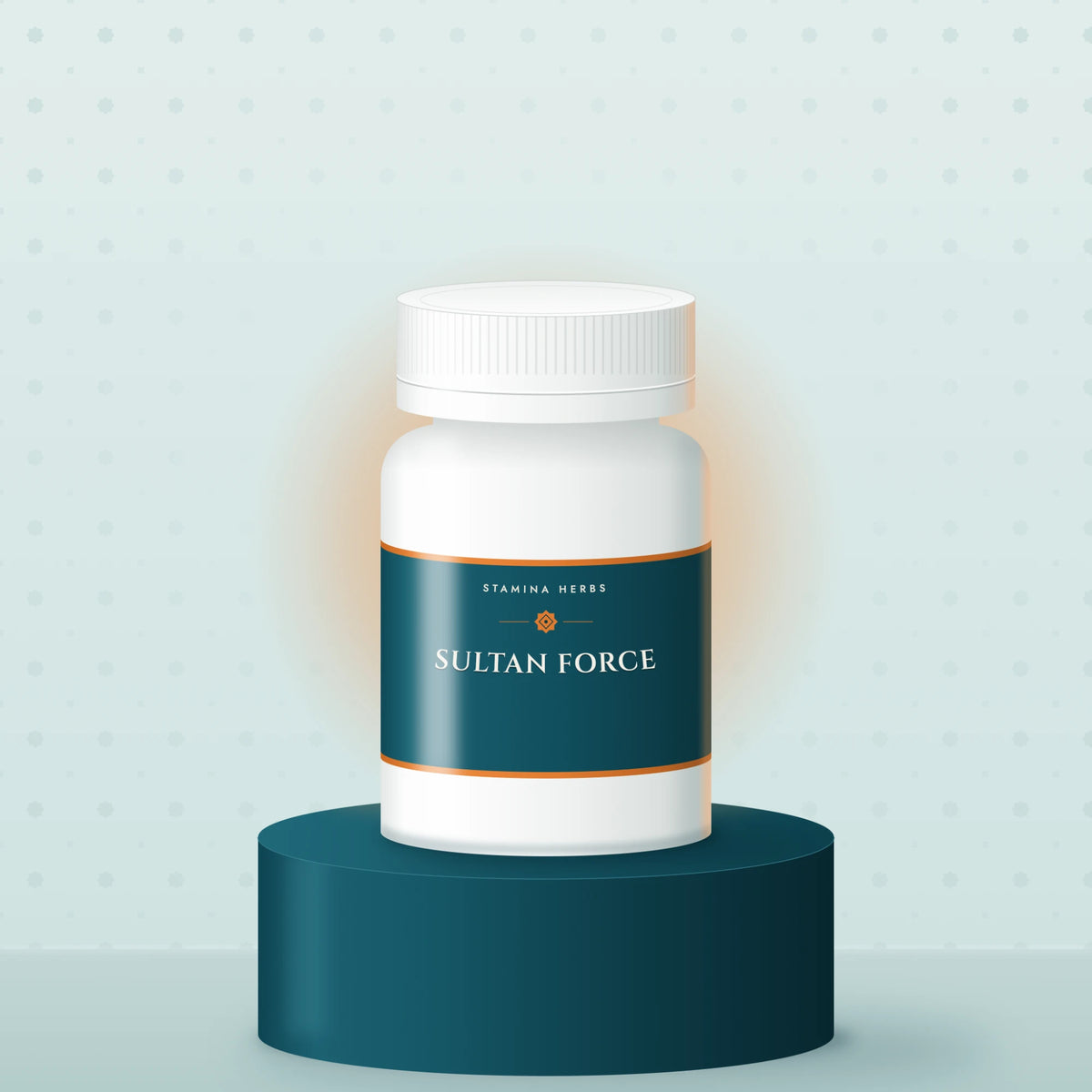 Sultan Force bottle standing on a teal display podium